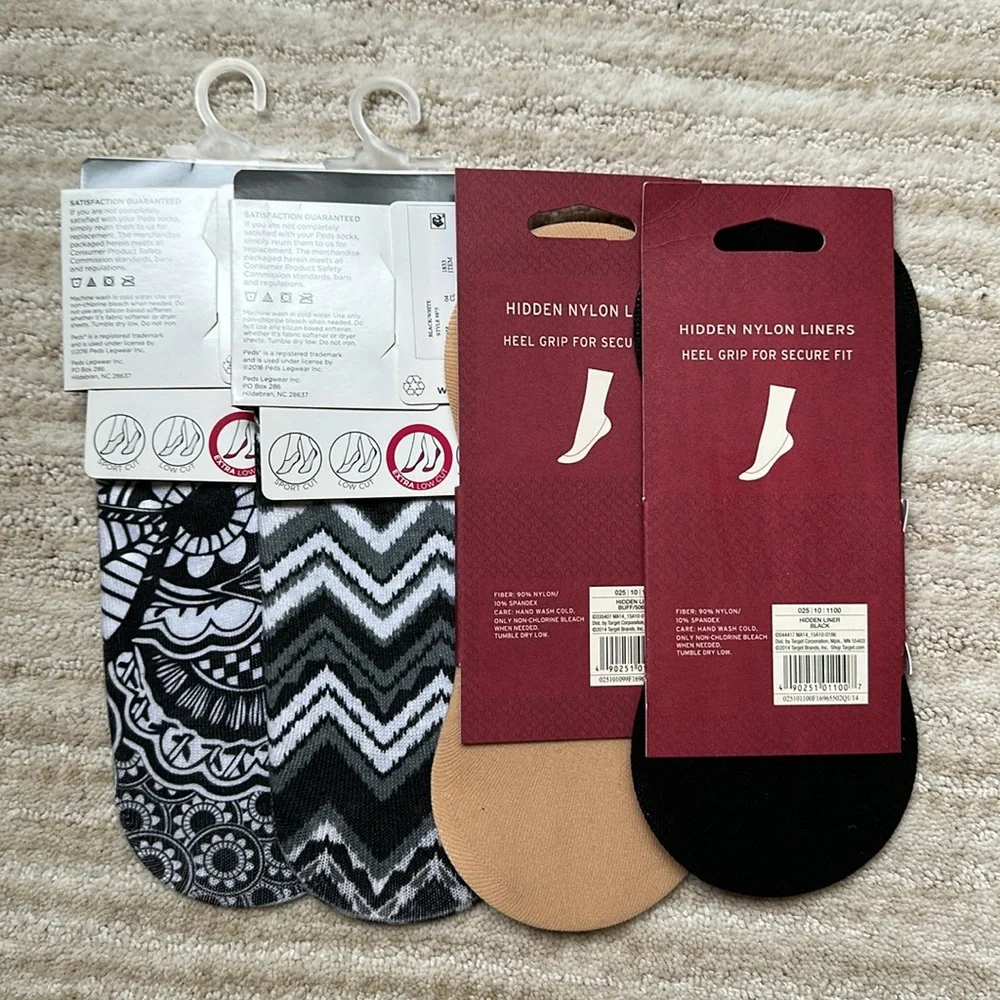 4 Pairs Merona and Peds Hidden Nylon Liner Socks - Black Pattern and Nude